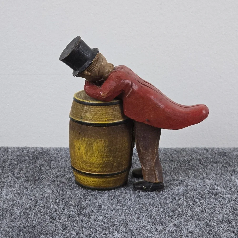 Vintage Mid Century Wood Figural Man Barrel‎ Trinket Box Folk Art
